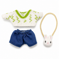 Labubu 20cm Green V-Neck Sweater + Jeans w/ Bunny Bag – Cute Accessory Set