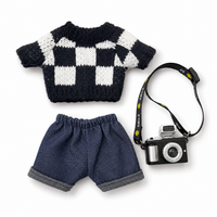 Labubu 20cm Black-White Check Sweater + Black Rolled Pants w/ Black Camera – Monochrome Set