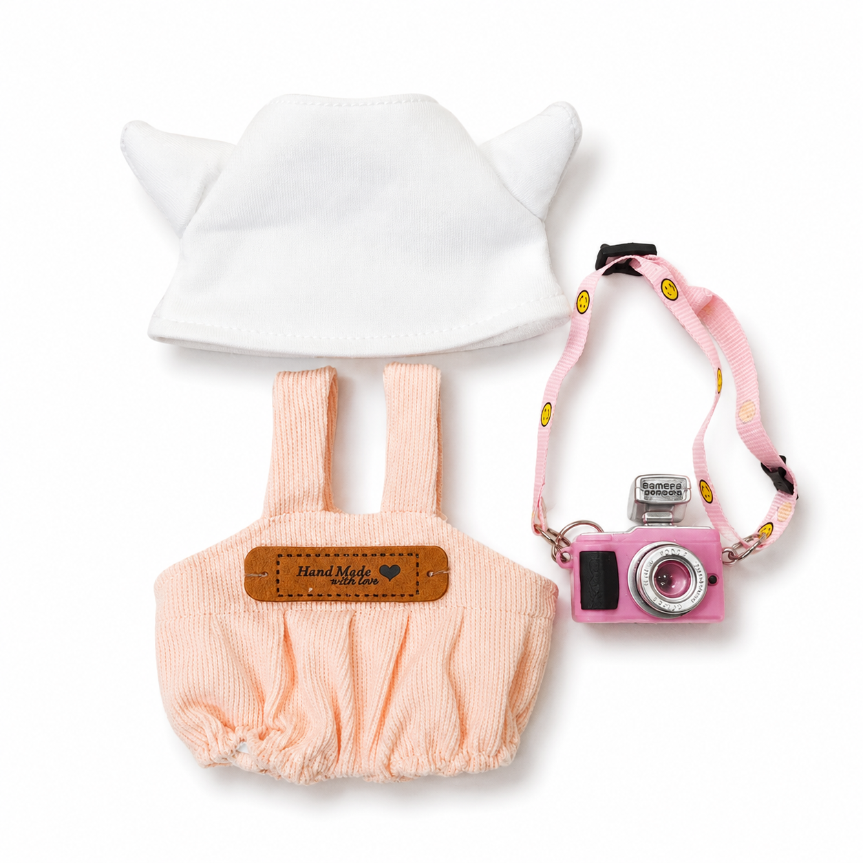 Labubu 20cm Pink Label Overalls + White Tee w/ Pink Camera – Kawaii Pastel Outfit