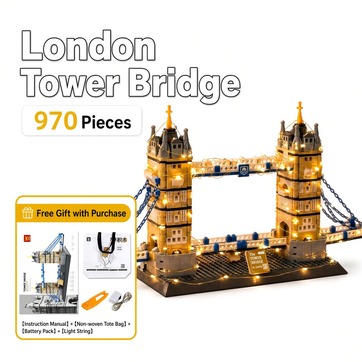 WANGE London Tower Bridge Building Block Set with Free LED Light String
